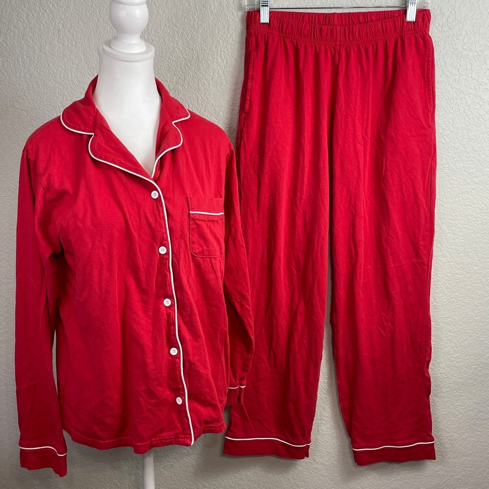 Dreamy By Lubot Pajama Set Womens Medium Red Pants Long Sleeve Top 100% Cotton‎